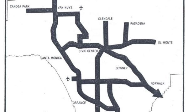 a 1980 map showing a planned rail line through los angeles that we are still building out today