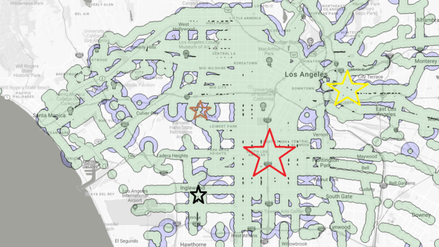 A map of Los Angeles showing areas of potential gentrification and racial banishment from SB827