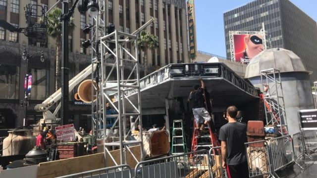 A prop Millennium Falcon being constructed on Hollywood Blvd.