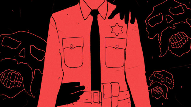 Silhouetted hands grabbing the torso of a person wearing a police uniform