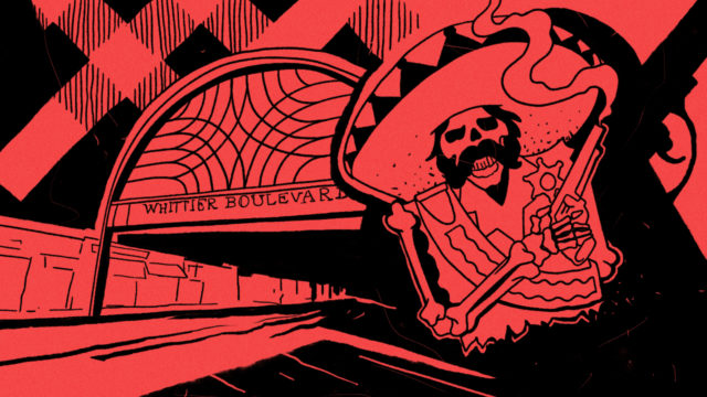 a black and red graphic representation of the banditos skeletal sheriff logo over the whittier boulevard sign