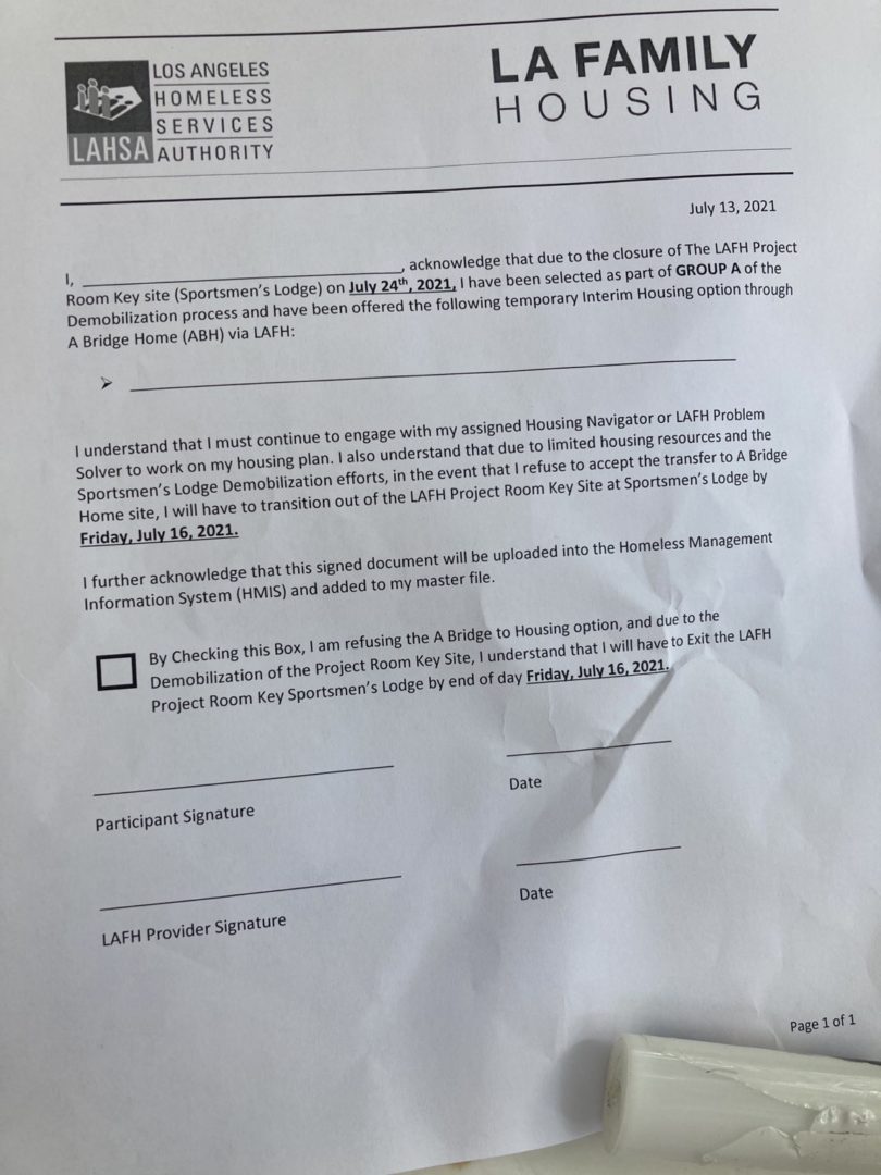 The second of two letters from LA Family Housing to an unhoused resident of Sportsmen's Lodge. It states that they must move out by Friday, July 16.
