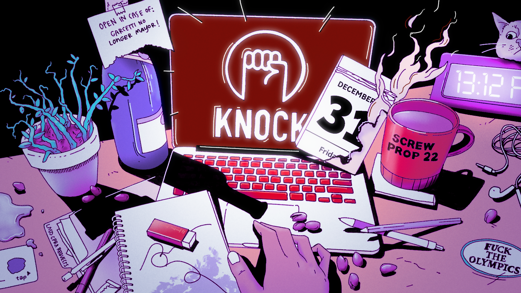 an illustration showing a knock la editor's desk