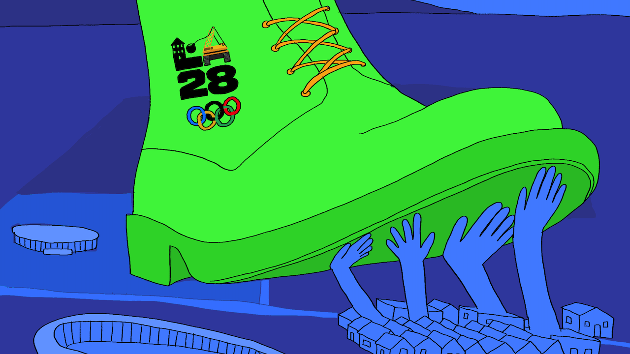 A giant green boot steps on a neighborhood with hands fighting against the sole of the boot. The boot has the emblem "LA 2028" on it with the Olympic rings