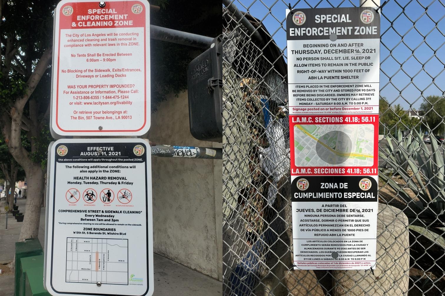 On left, an Special Enforcement Cleaning Zone sign at the Lafayette Park A Bridge Home (Photo: Mike Dickerson), and a 41.18 sign near another shelter (Photo: Miguel Camnitzer )
