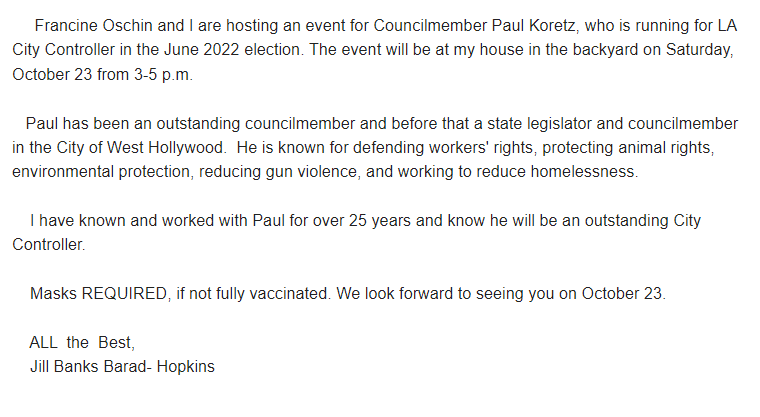 Letter sent from Jill Banks Barad-Hopkins inviting people to a fundraiser in the backyard of her home for Councilmember Paul Koretz
