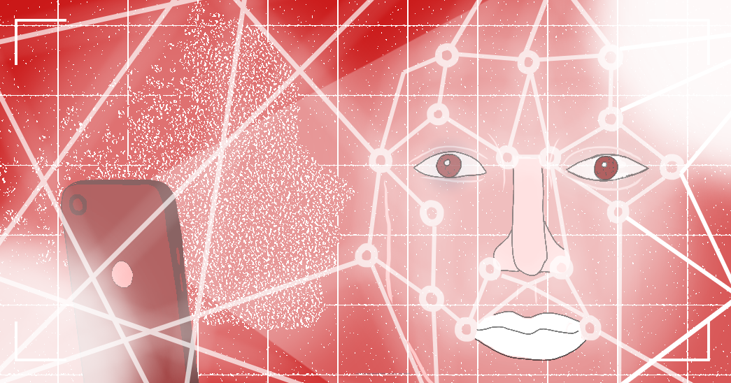 A face made up of shades of red and a series of white lines connected to circles intertwining with a cell phone with the its screen pointed toward the face.