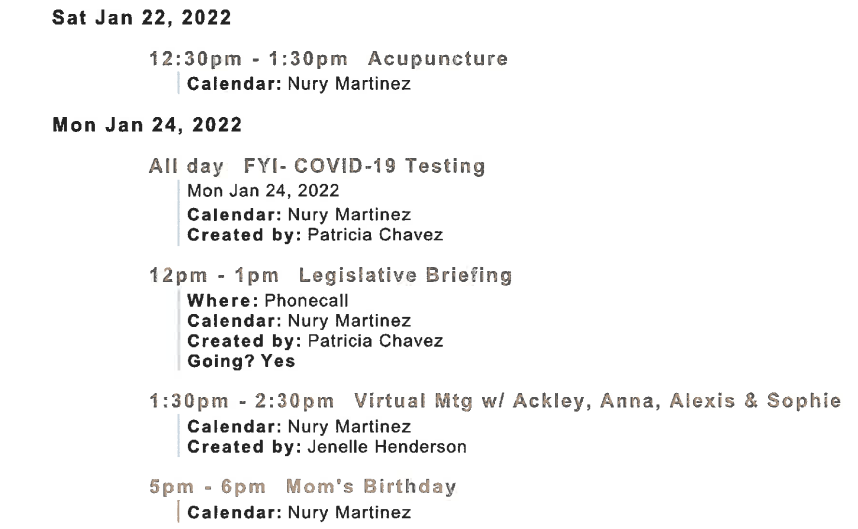 a selection from nury martinez's public calendar showing events like "legislative briefing" and "mom's birthday"