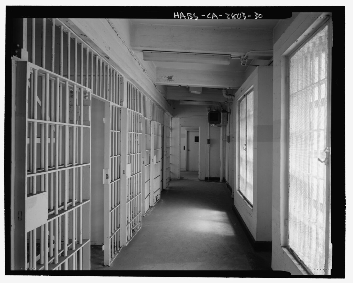 black-and-white photo of Santa Monica Jail, empty