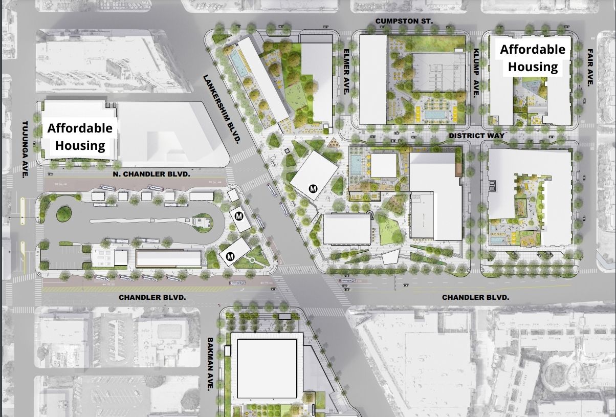 an aerial graphic view of the proposed district noho development with affordable housing maked off at the corners of cumpston and fair and tujunga and chandler