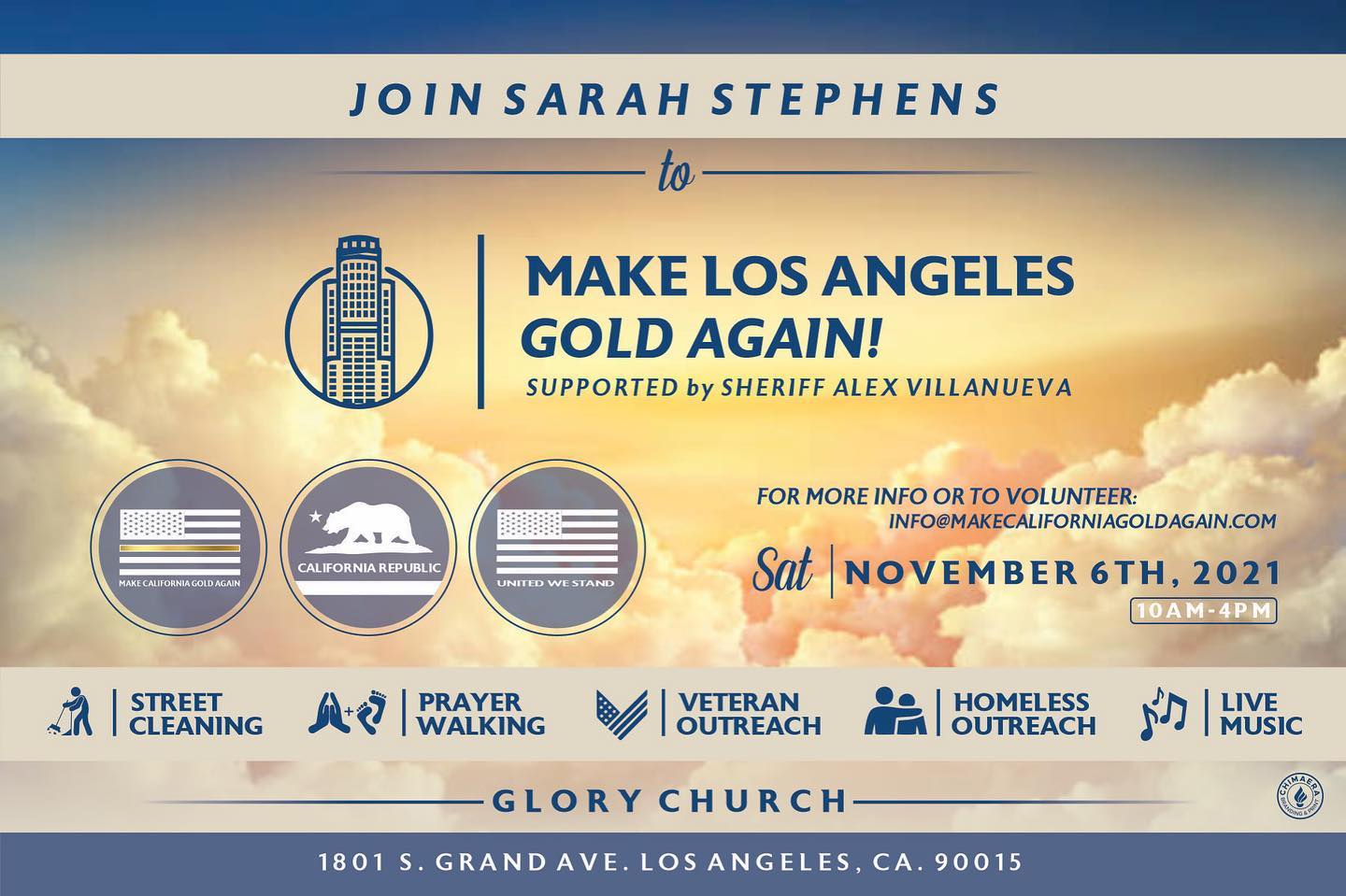 a poster for a sarah stephens gubernatorial campaign event for November 6, 2021 that says "supported by sheriff villanueva"