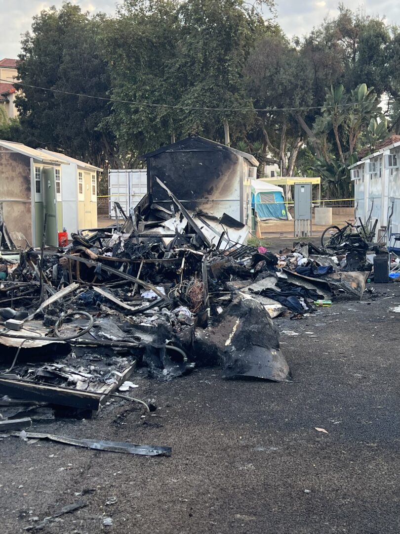 burnt remnants of a row of destroyed tiny homes