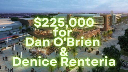 An aerial shot of an outdoor shopping center in Culver City. Superimposed glowing green text says "$225,000 for Dan O'Brien and Denice Renteria."