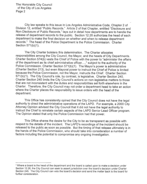 Letter from the city attorney’s office declarinh the City Council powerless to demand bodycam footage, page 2