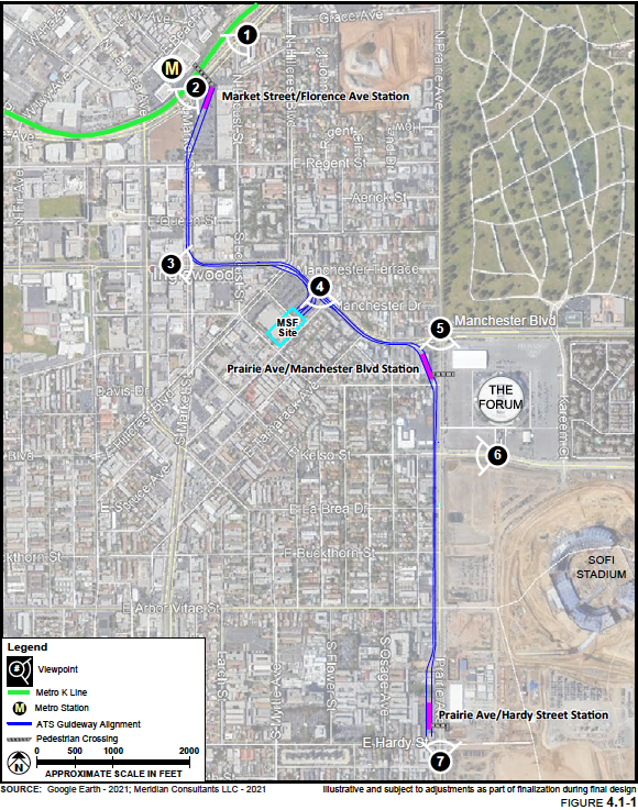A map depicting the proposed route of the Inglewood Transit Connector project
