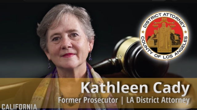 Kathleen Cady with the emblem of the District Attorney of Los Angeles by her side and a description as a former prosecutor.