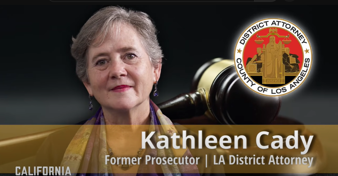 Kathleen Cady with the emblem of the District Attorney of Los Angeles by her side and a description as a former prosecutor.