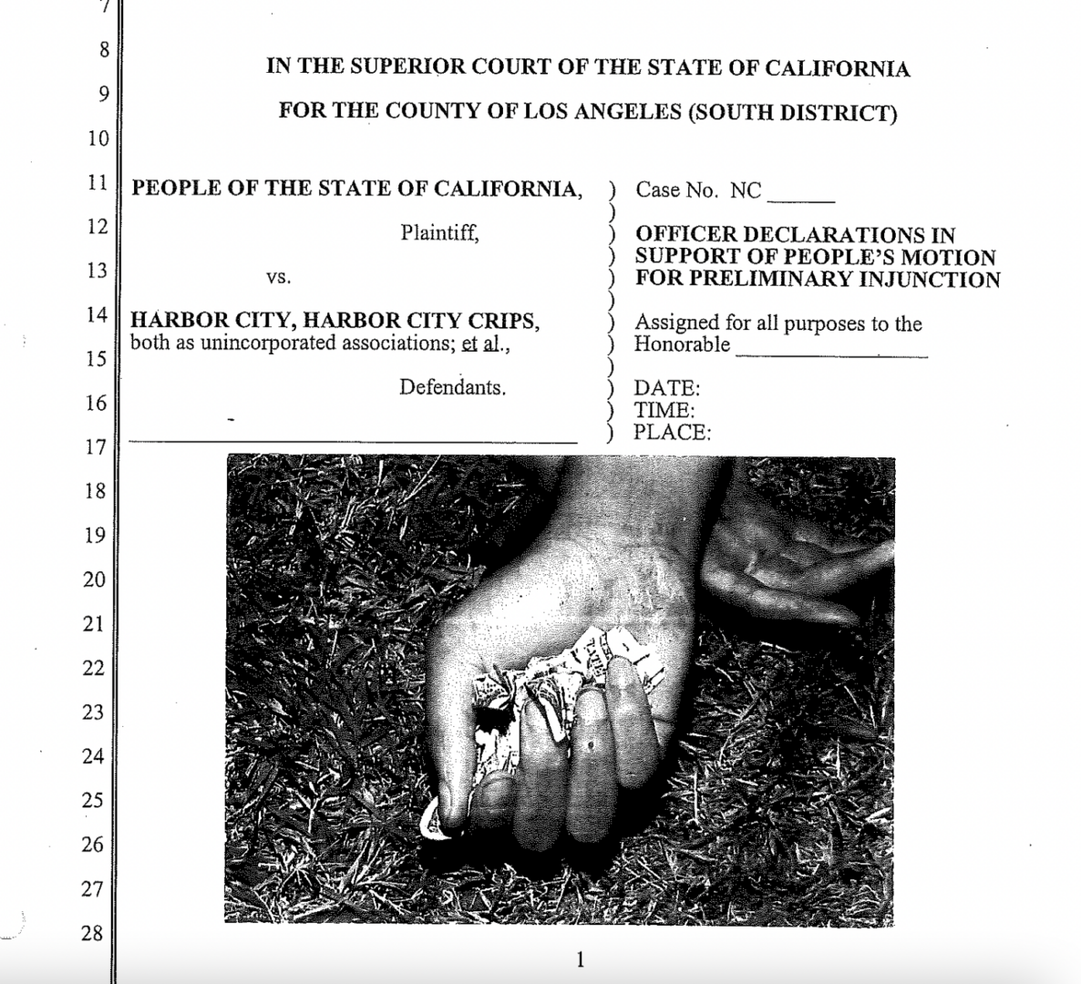 A screenshot of a court filing submitted by the city in support of a gang injunction covering Normont Terrace. The document features a photograph of a deceased person's hand holding crumpled dollar bills.