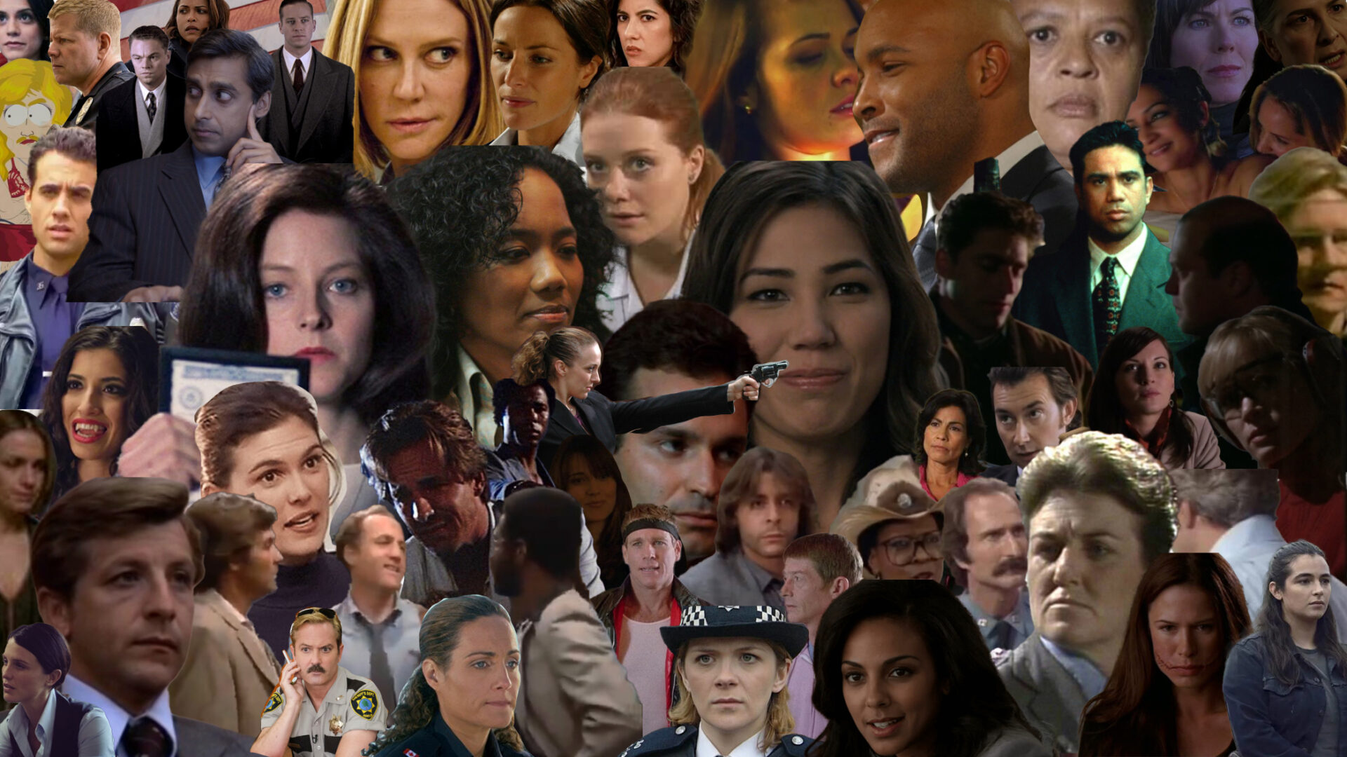 A collage of several queer police characters that are featured in the article. 